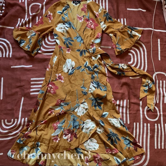 Love & Light Mustard Yellow Floral Midi Wrap Dress - Picture 6 of 10